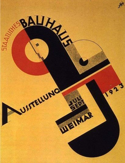 Joost Schmidt's 1923 poster for the Staatliches Bauhaus exhibition, a red, black and ochre geometric diagonal composition