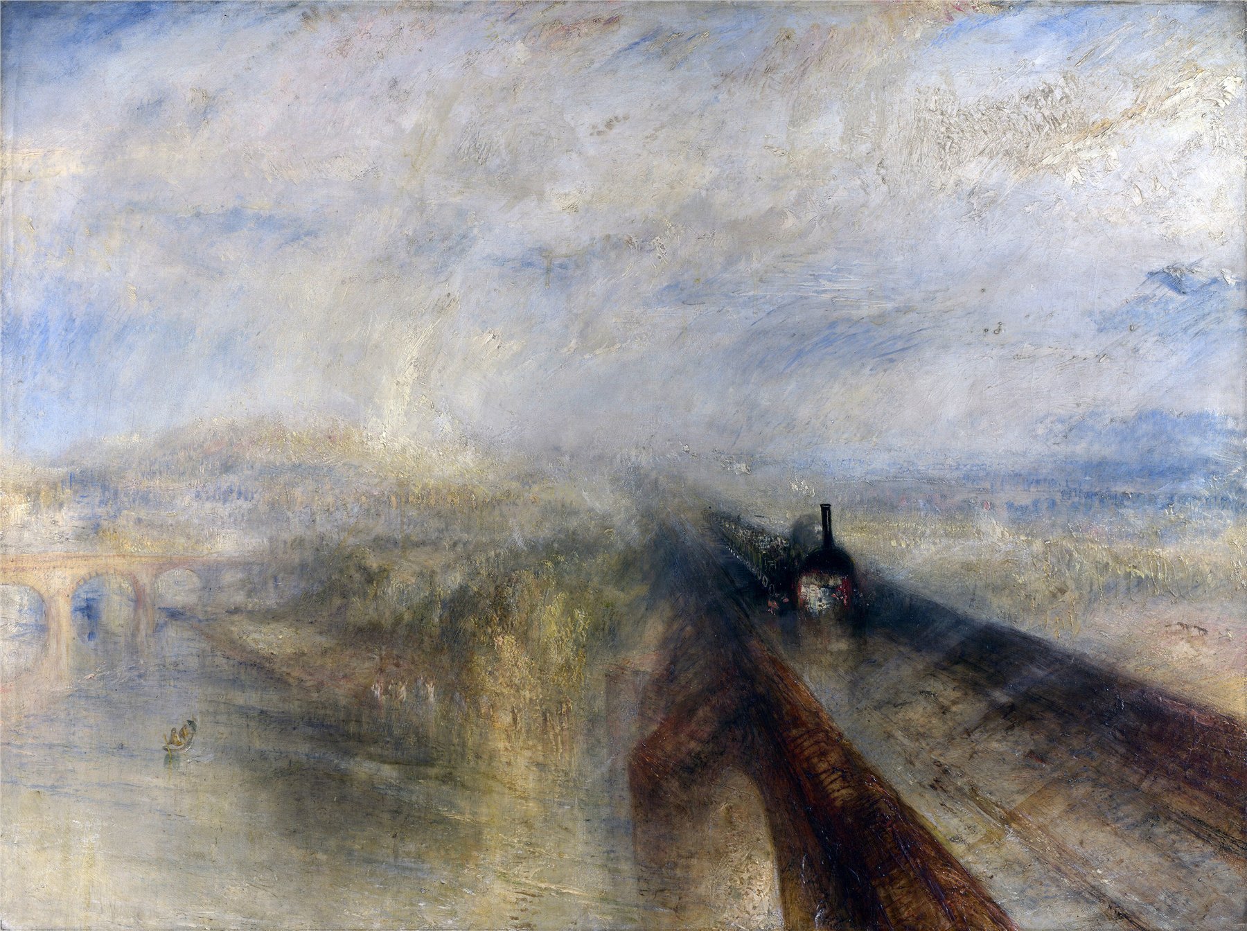 Turner's Rain, Steam, and Speed — a steam locomotive charging out of a mist of rain and steam, wrapped in warm gold light against a cool grey-blue downpour