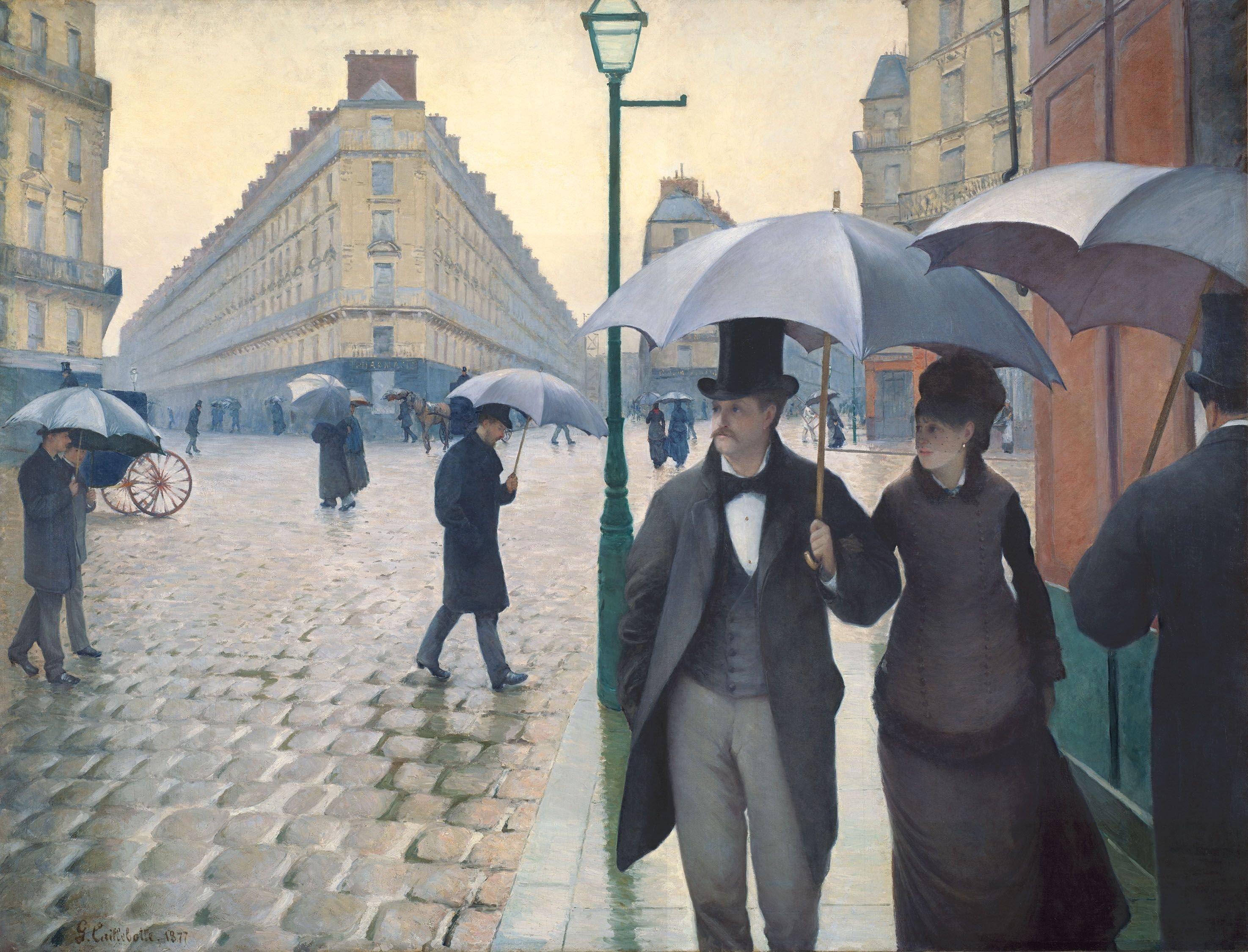 Caillebotte's Paris Street; Rainy Day: a gentleman in a black top hat walks arm in arm with a woman in a dark plum dress along wet cobblestones, a wedge-shaped Haussmann-era building behind them, the canvas nearly bisected by a dark green lamppost