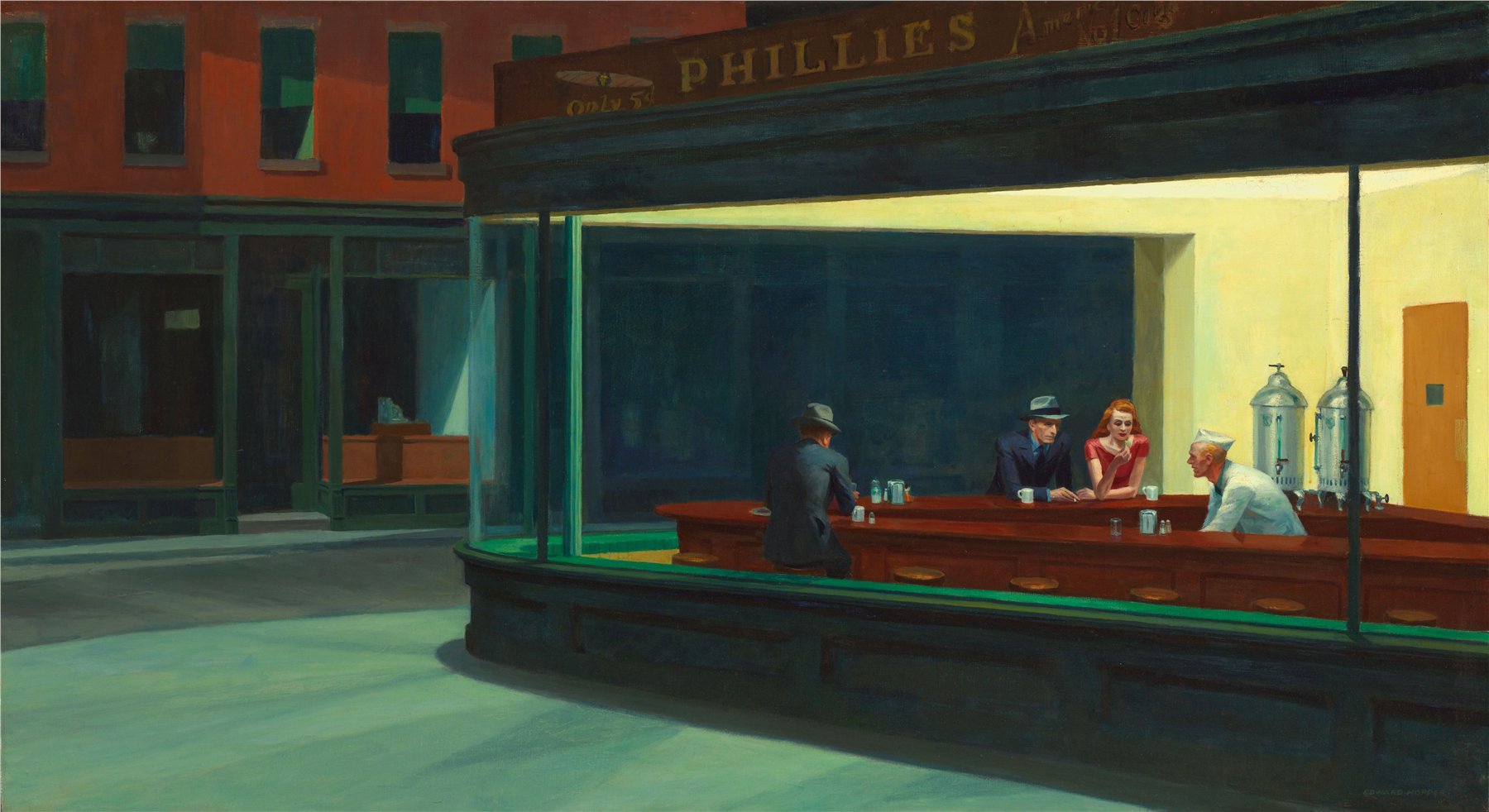 Oil painting by Edward Hopper: a brightly lit glass-walled diner on a deserted late-night street corner, lemon-yellow light spilling out onto the pavement, three customers at the counter — a man in gray seen from behind, a couple in a dark suit and a red dress, and a white-uniformed counterman leaning over his work — the empty street outside wrapped in cool green shadow