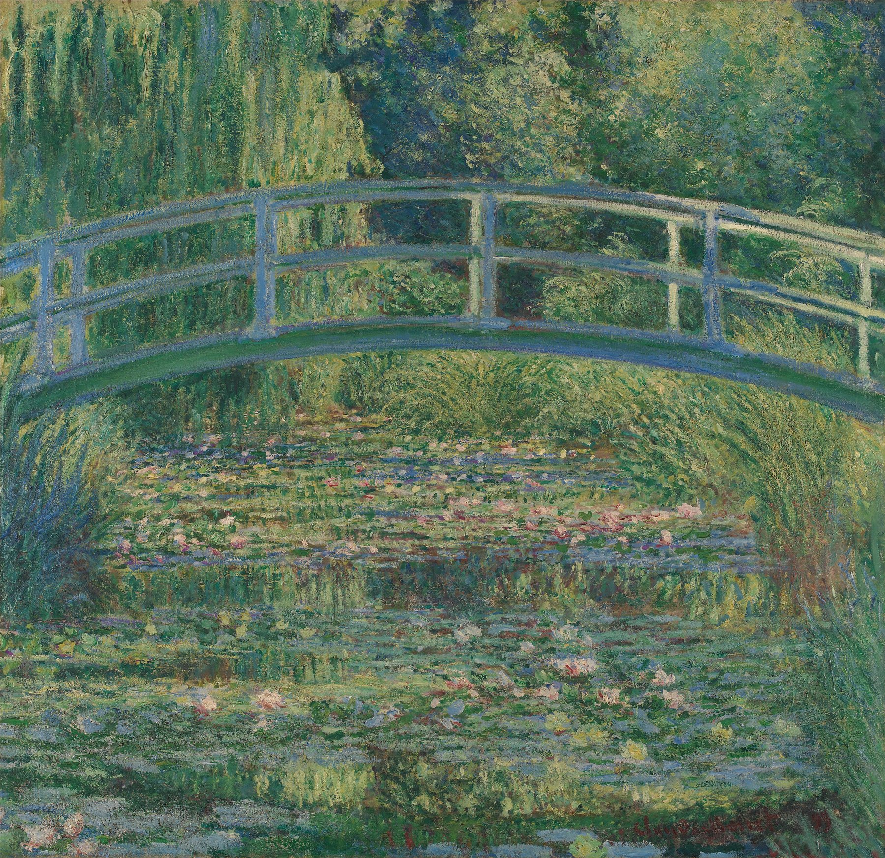 Monet's Water-Lily Pond: an arched wooden footbridge painted pale slate-blue spans the canvas, willows and layered foliage hanging above it, while below, lily pads and pink-white blooms cover the water's surface alongside the mirrored reflection of the bridge and trees, the whole painting built from shades of green