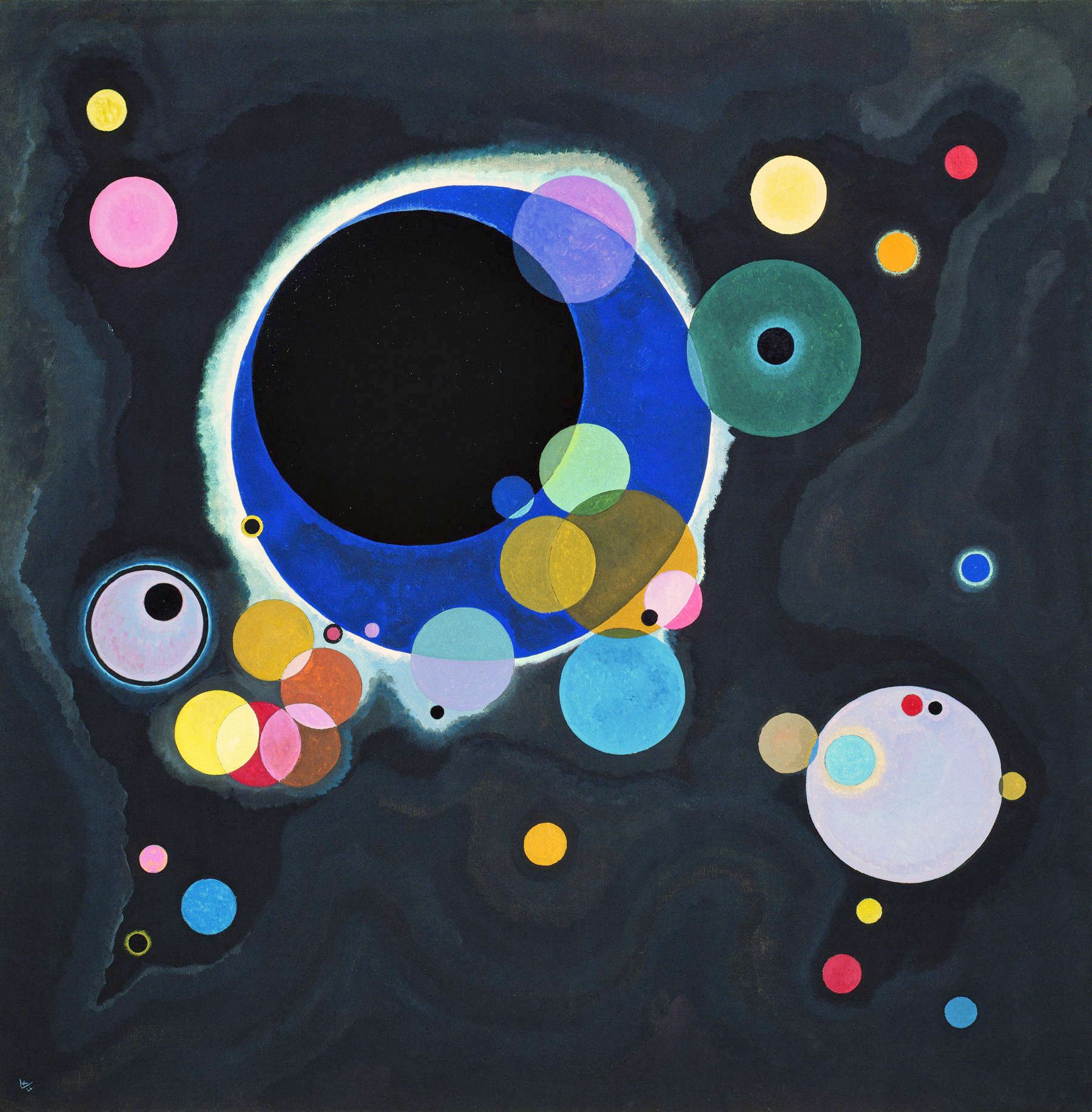 Kandinsky's Several Circles: against an inky, near-black background, a large cobalt-blue ring encircles a pure black core, surrounded by dozens of overlapping translucent colored disks in gold, teal, sky blue, pink, and orange, scattered like scattered stars