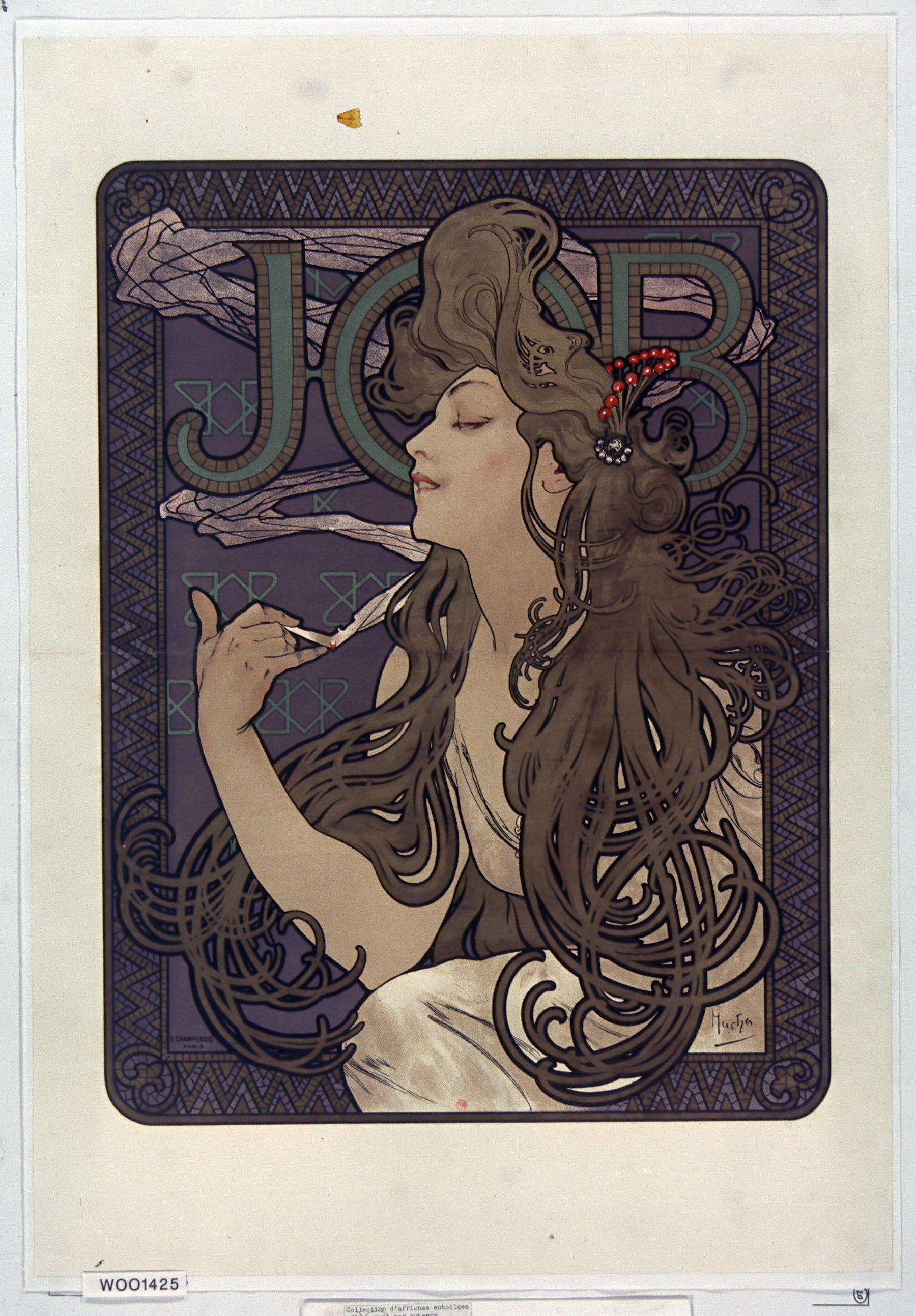 Mucha's poster for JOB cigarette papers: a woman in profile, head tilted back, eyes half-closed, a lit cigarette between her fingers; grey-blue smoke rises from her hand and curls through her wave-like dark hair before tangling into the giant olive-teal letters spelling JOB behind her; the ground is a deep grape-violet bordered by a bronze-gold and slate-blue zigzag mosaic pattern, with a small cluster of vermilion-red berries pinned in her hair