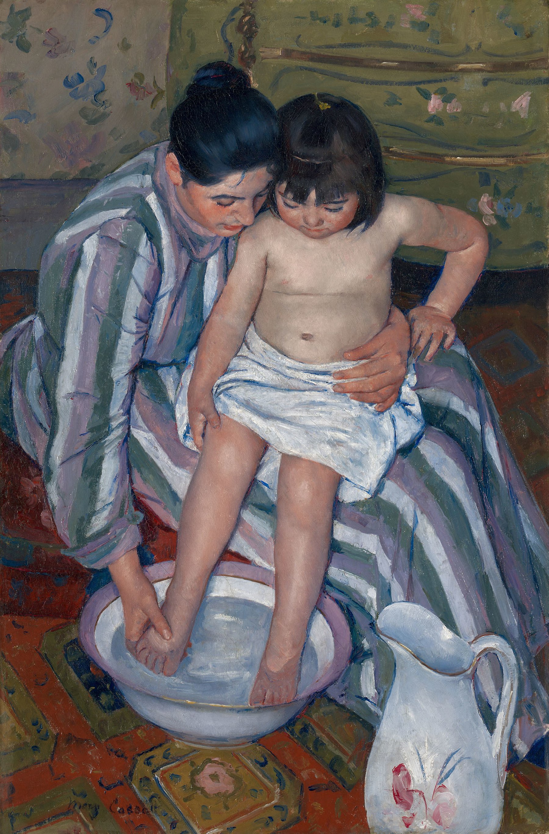 Mary Cassatt's The Child's Bath: an adult steadies a child on her lap while washing the child's feet in a basin, seen from a steep angle amid patterned fabrics and floor tiles
