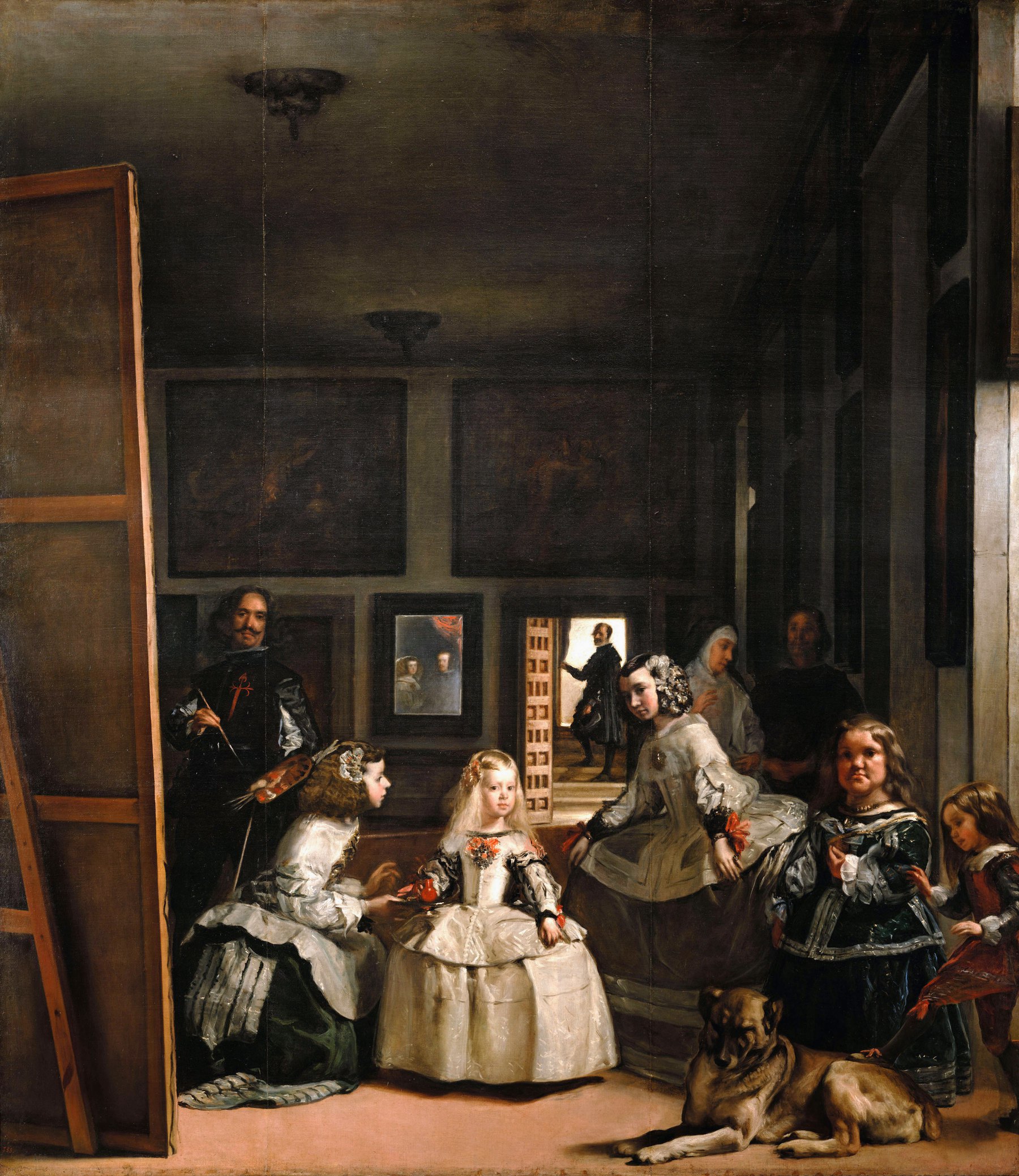 Diego Velázquez's Las Meninas: Infanta Margarita stands among attendants in a deep palace room while the painter works at a large canvas on the left, a mirror reflects the king and queen at the back, and a doorway opens onto a lit stair