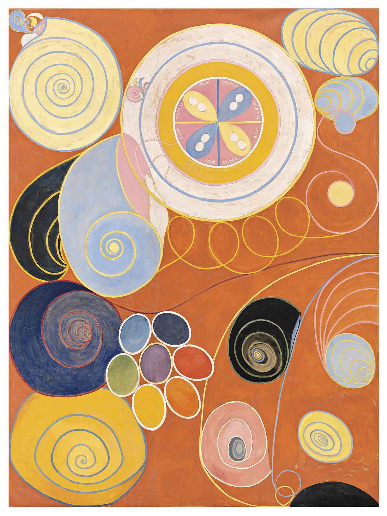 Hilma af Klint's The Ten Largest, No. 3, Youth: a burnt-orange field holds giant yellow and blue concentric circles and spirals, with a bullseye medallion inscribed 'Ave Maria' at center and a cluster of jewel-toned ovals at lower left