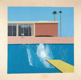 David Hockney's A Bigger Splash: a flat salmon-pink modernist house behind a solid cobalt-blue swimming pool, a lemon-yellow diving board jutting in from the lower right, a burst of white splash in front of it, no diver visible anywhere in the painting