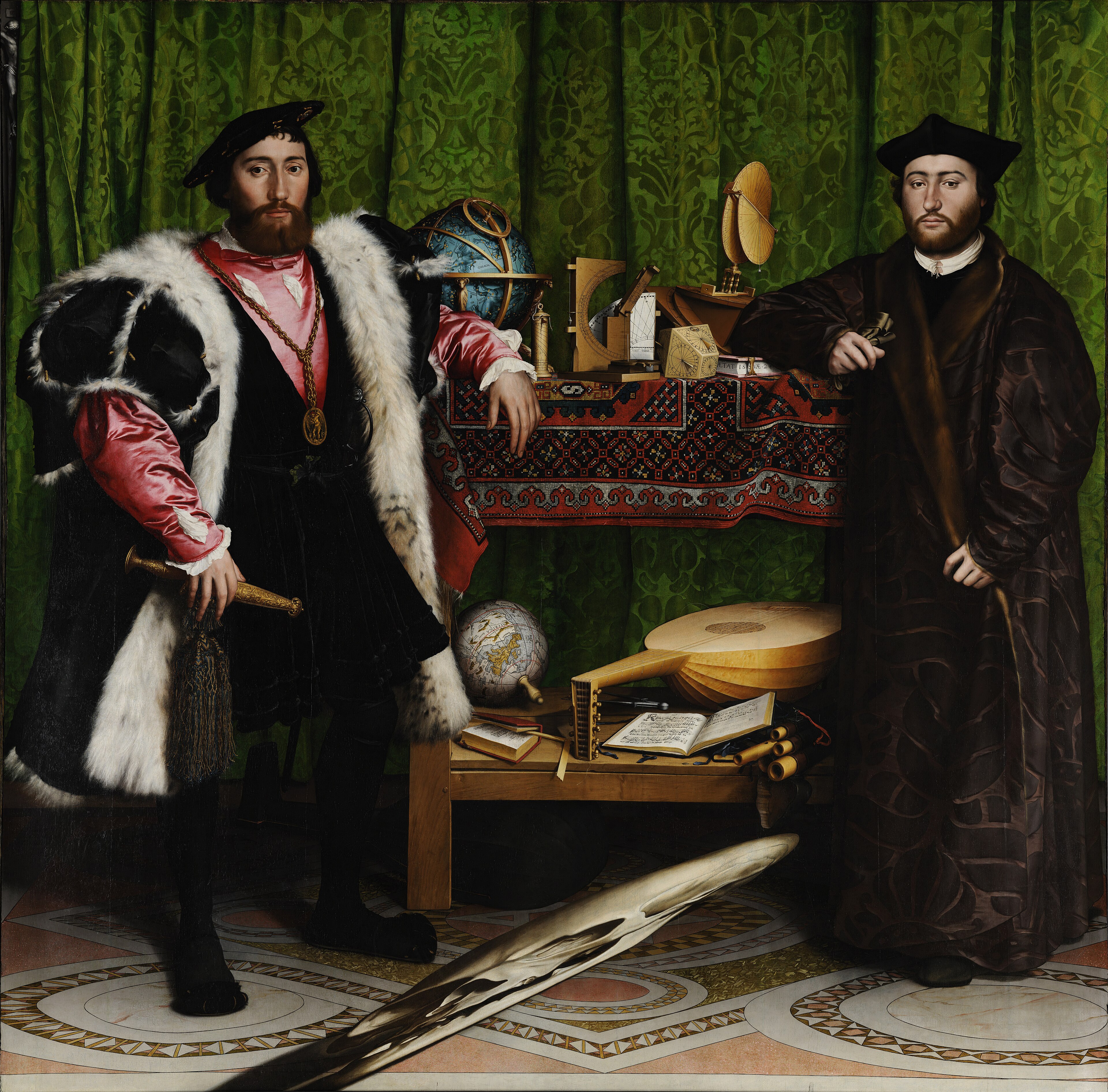 Hans Holbein the Younger, The Ambassadors: two figures flank a table of instruments while an anamorphic skull crosses the foreground