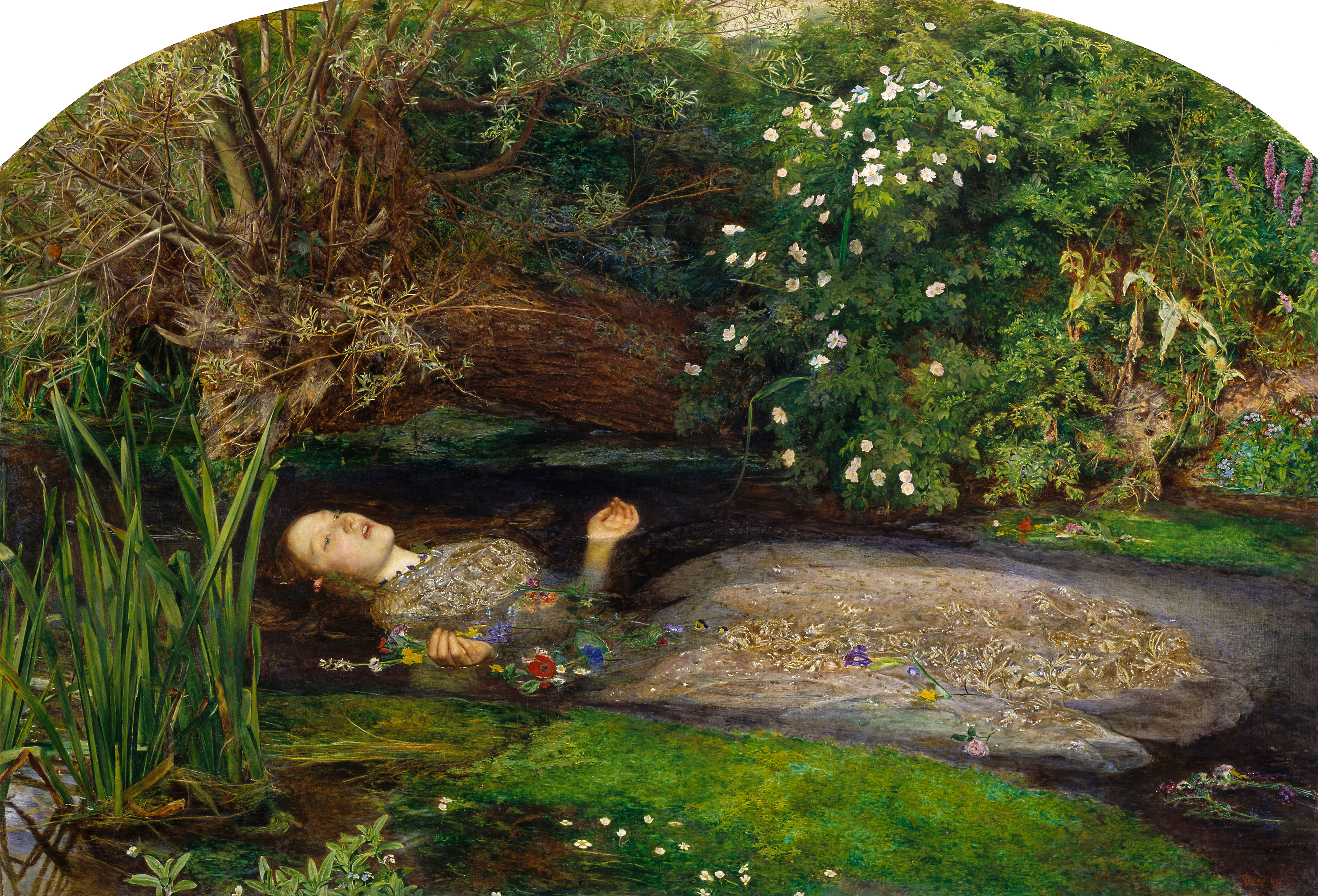 John Everett Millais, Ophelia, a figure floating among green riverbank plants