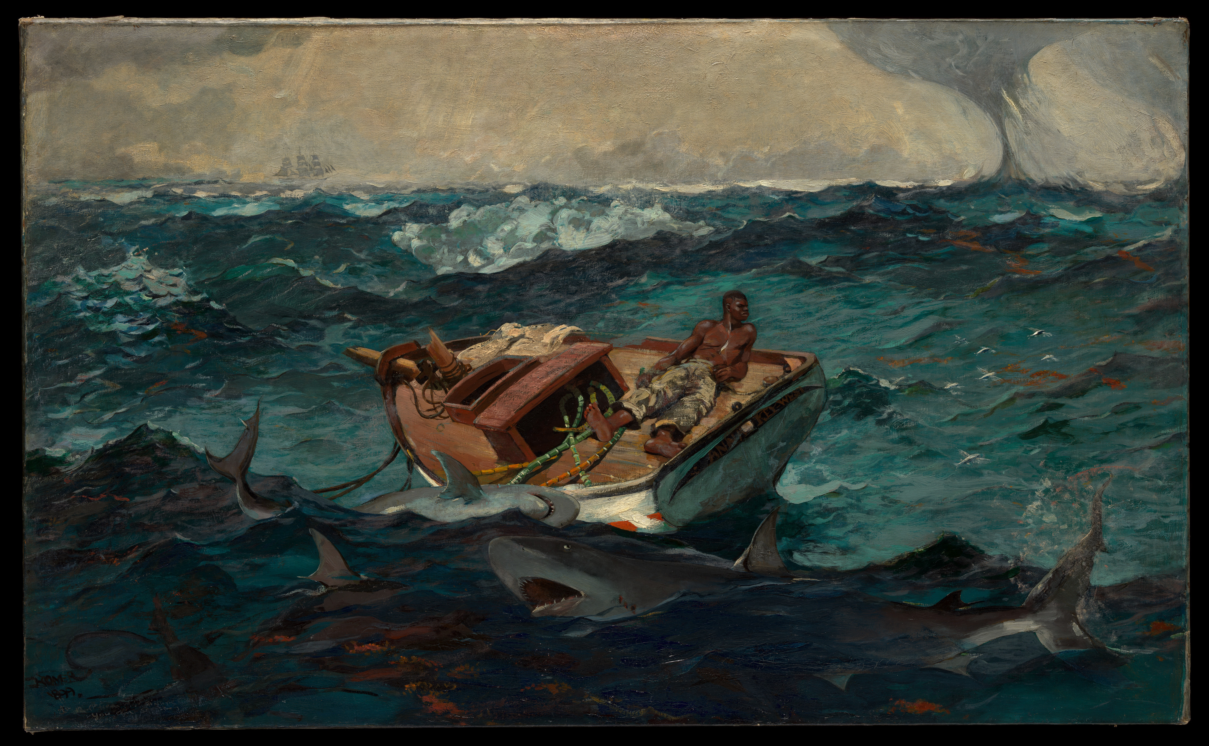 Winslow Homer's The Gulf Stream: a damaged boat, rough sea, sharks and a distant waterspout