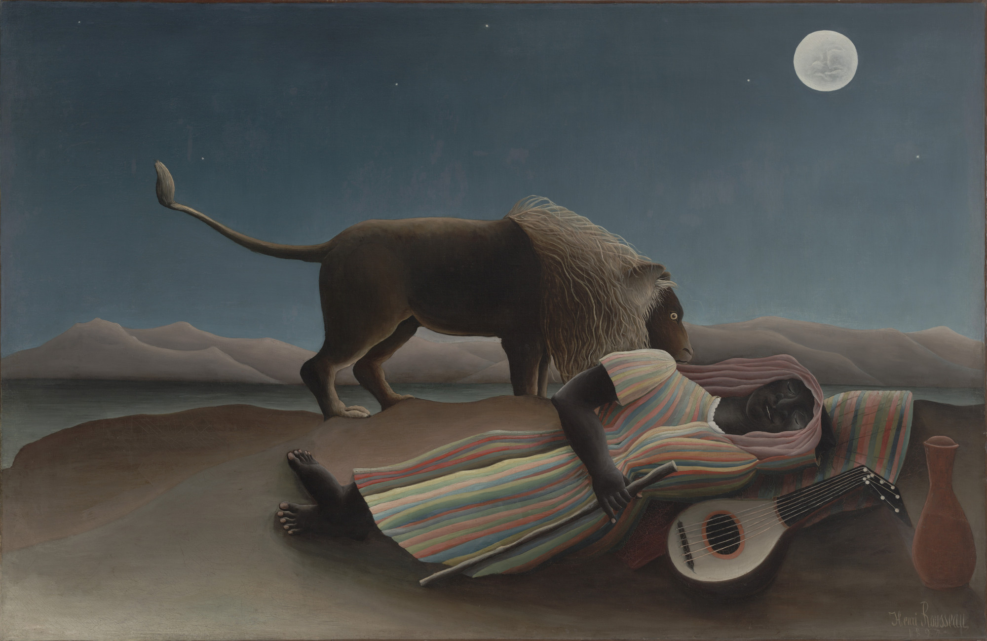 Henri Rousseau's The Sleeping Gypsy: a sleeper, lion and moon in the desert