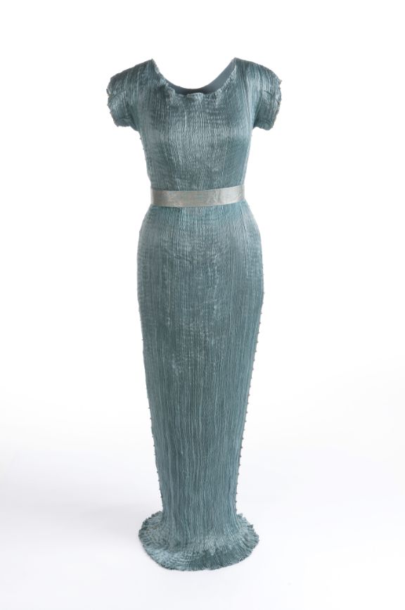 Celadon pleated silk Delphos dress