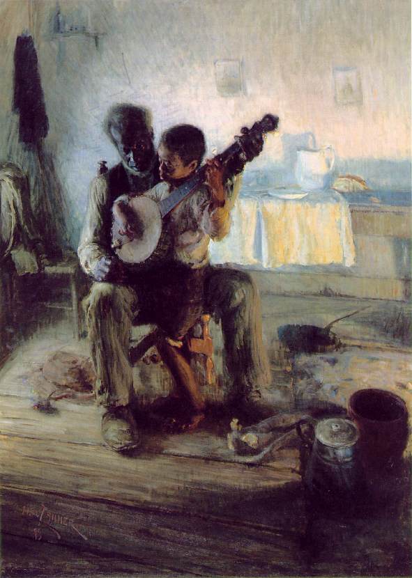 An elder guides a child learning to play the banjo