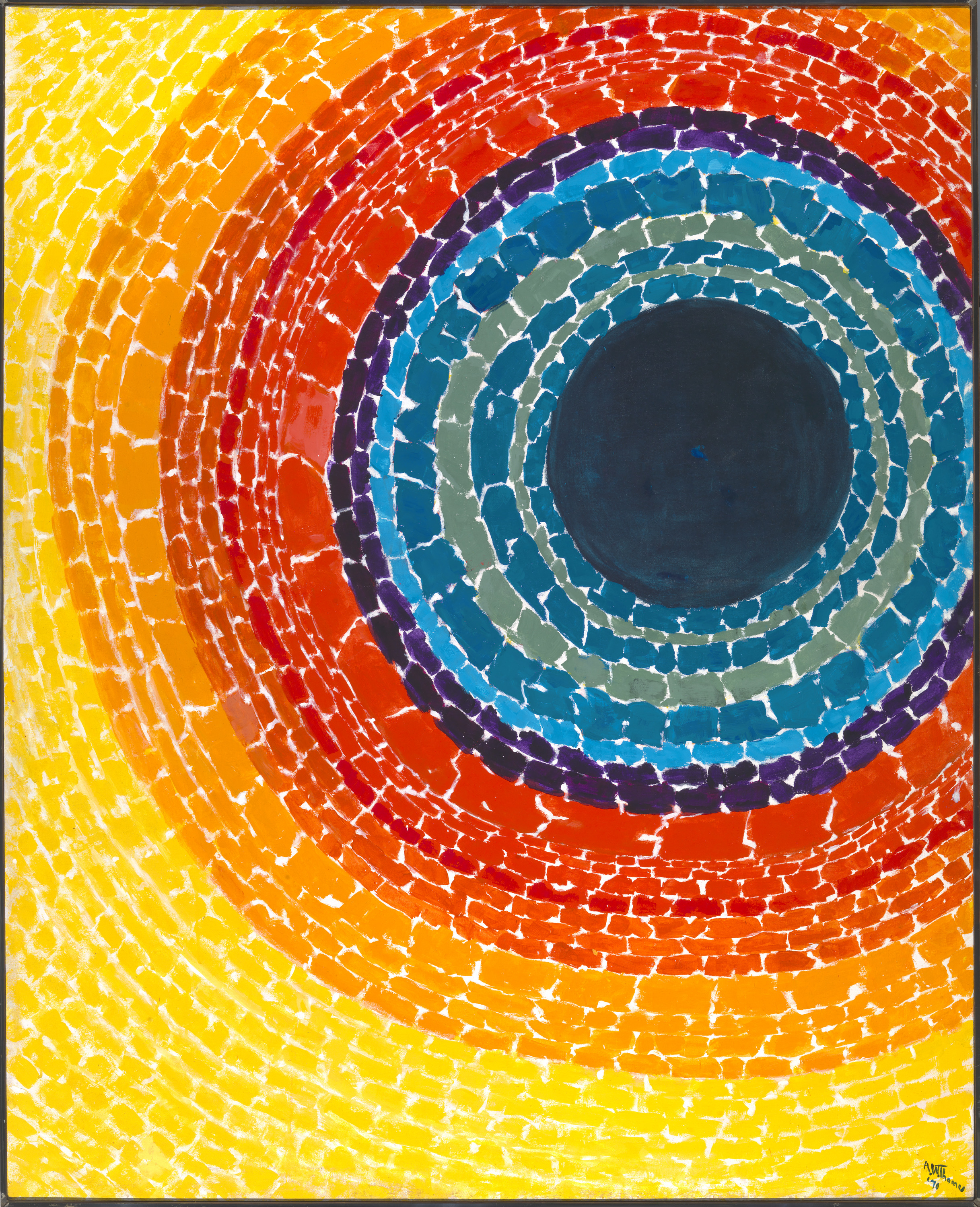 A deep blue center surrounded by broken concentric rings of color