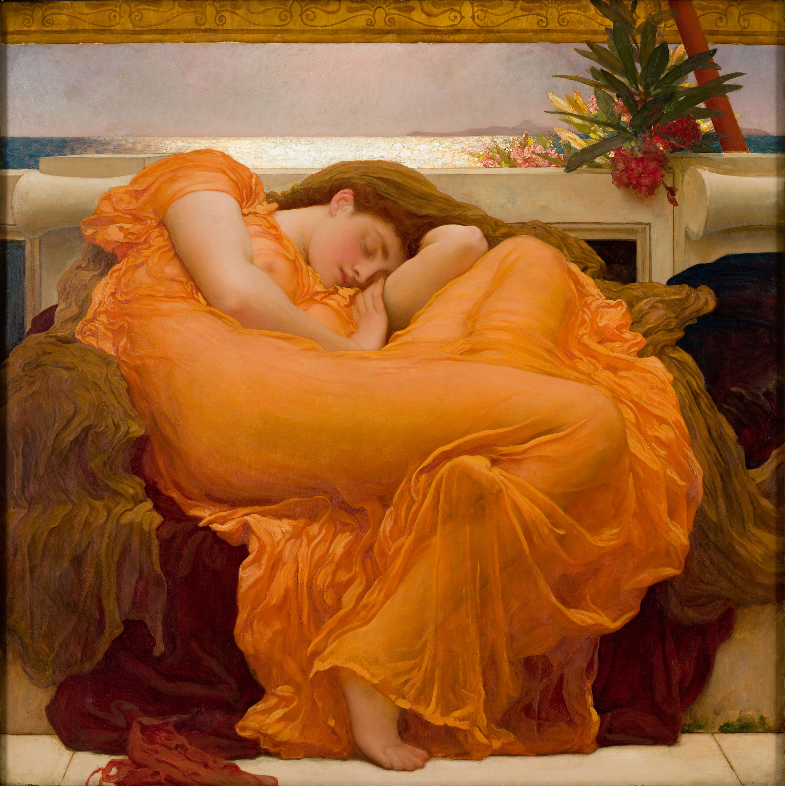 A sleeping woman curls into a circle beneath translucent orange drapery, with a blue-grey sea beyond