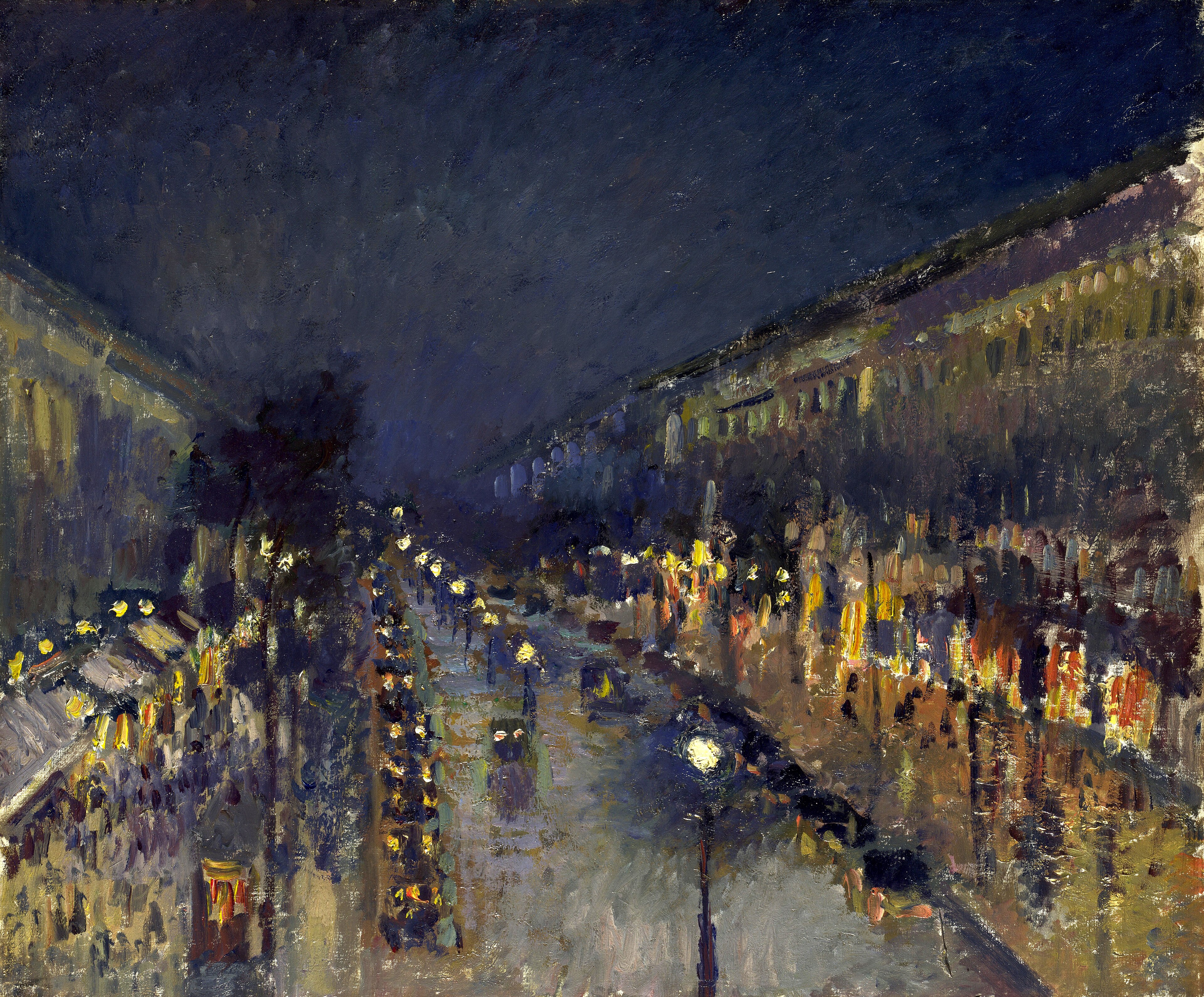 Camille Pissarro's view of boulevard lights and traffic converging through a rainy Paris night