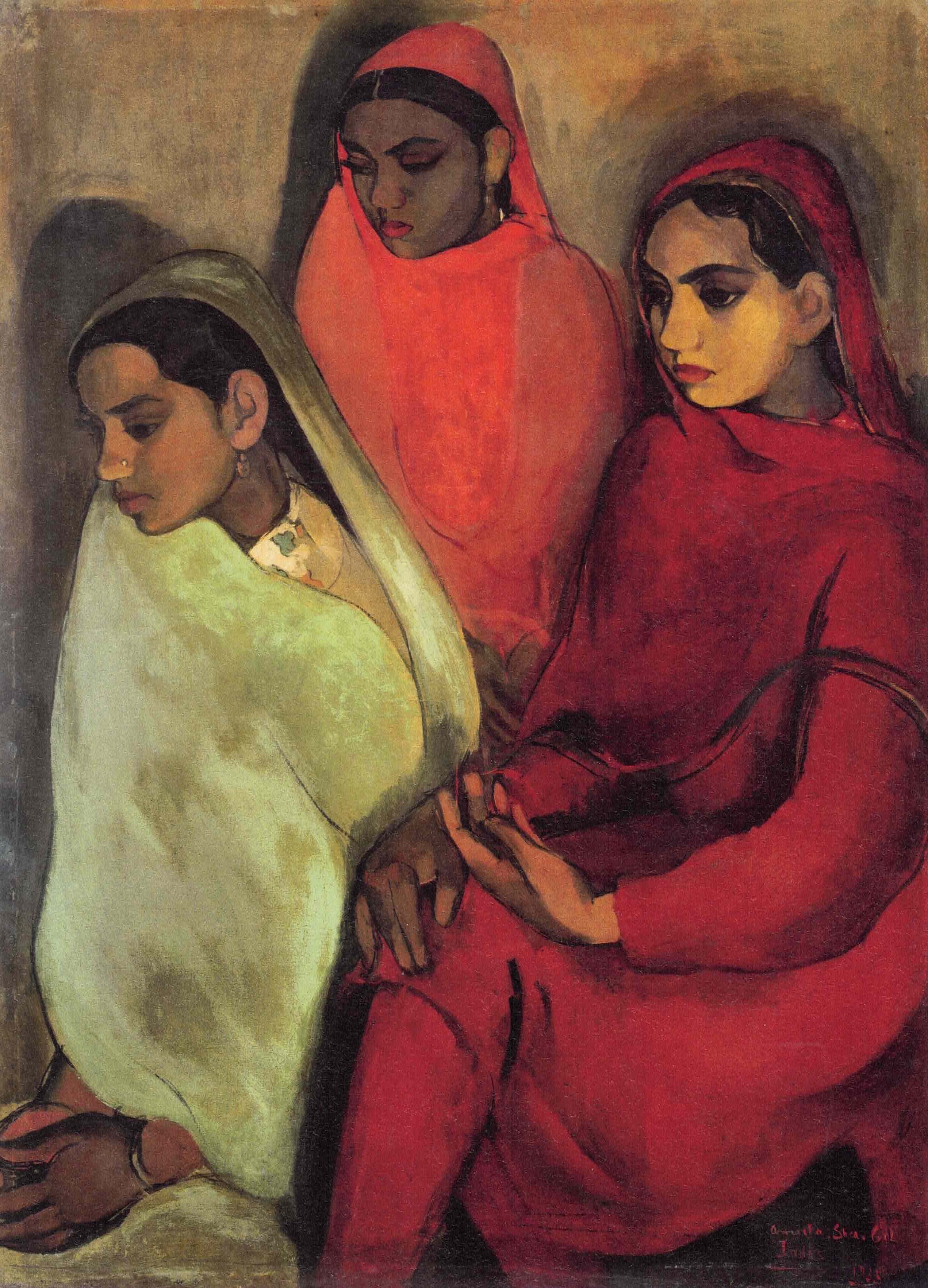 Three young women in pale green, coral, and deep crimson sit close while all avert their eyes from the viewer