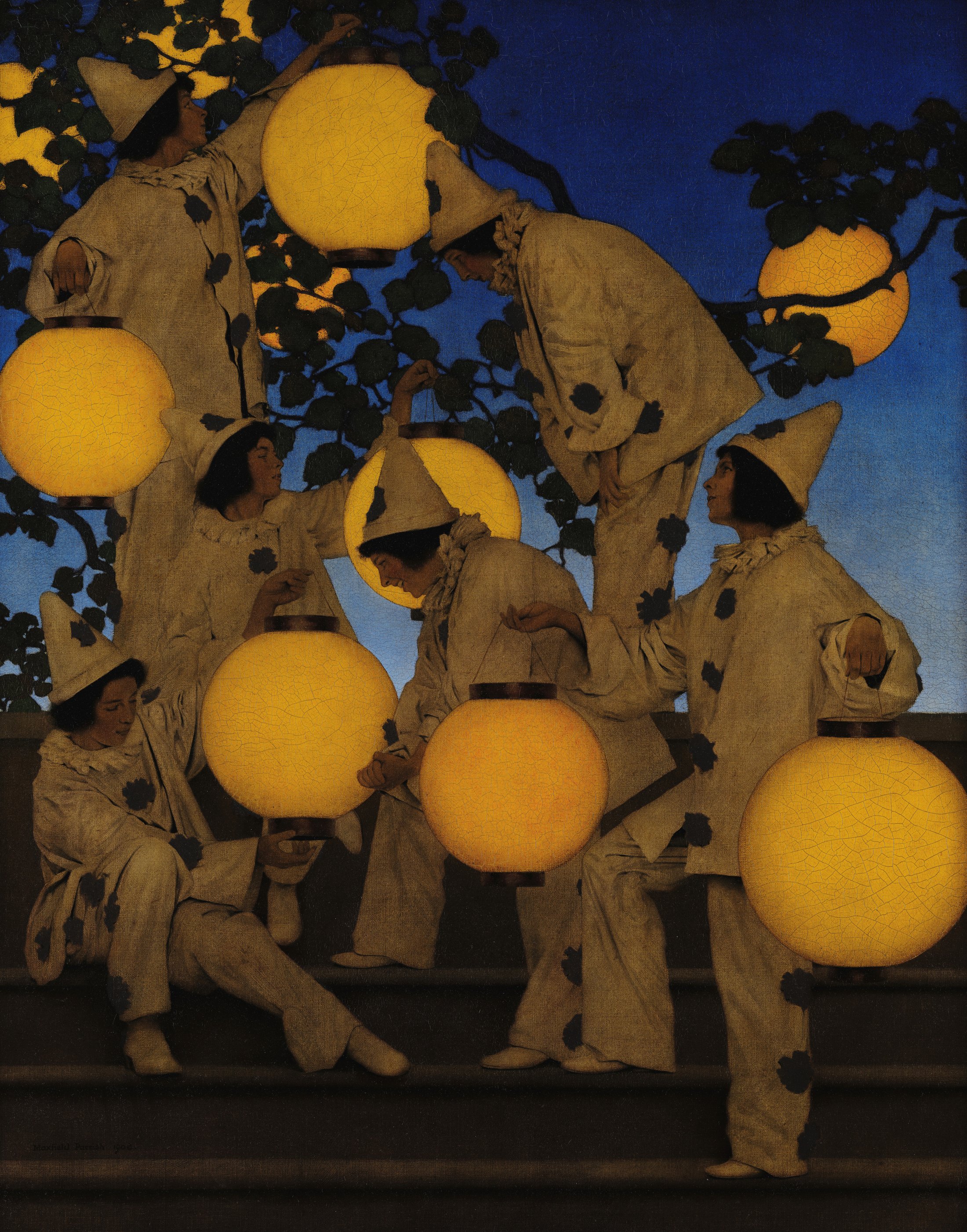 Six clowns cooperate on stone steps to hang golden lanterns against a deep blue night