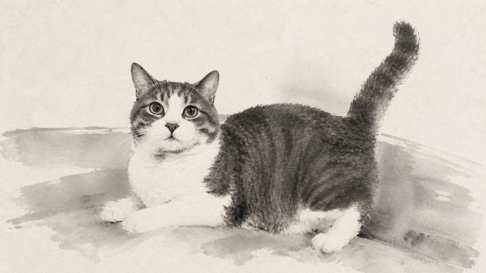 An adult cat looks directly at the viewer in a warm-paper ink-wash image