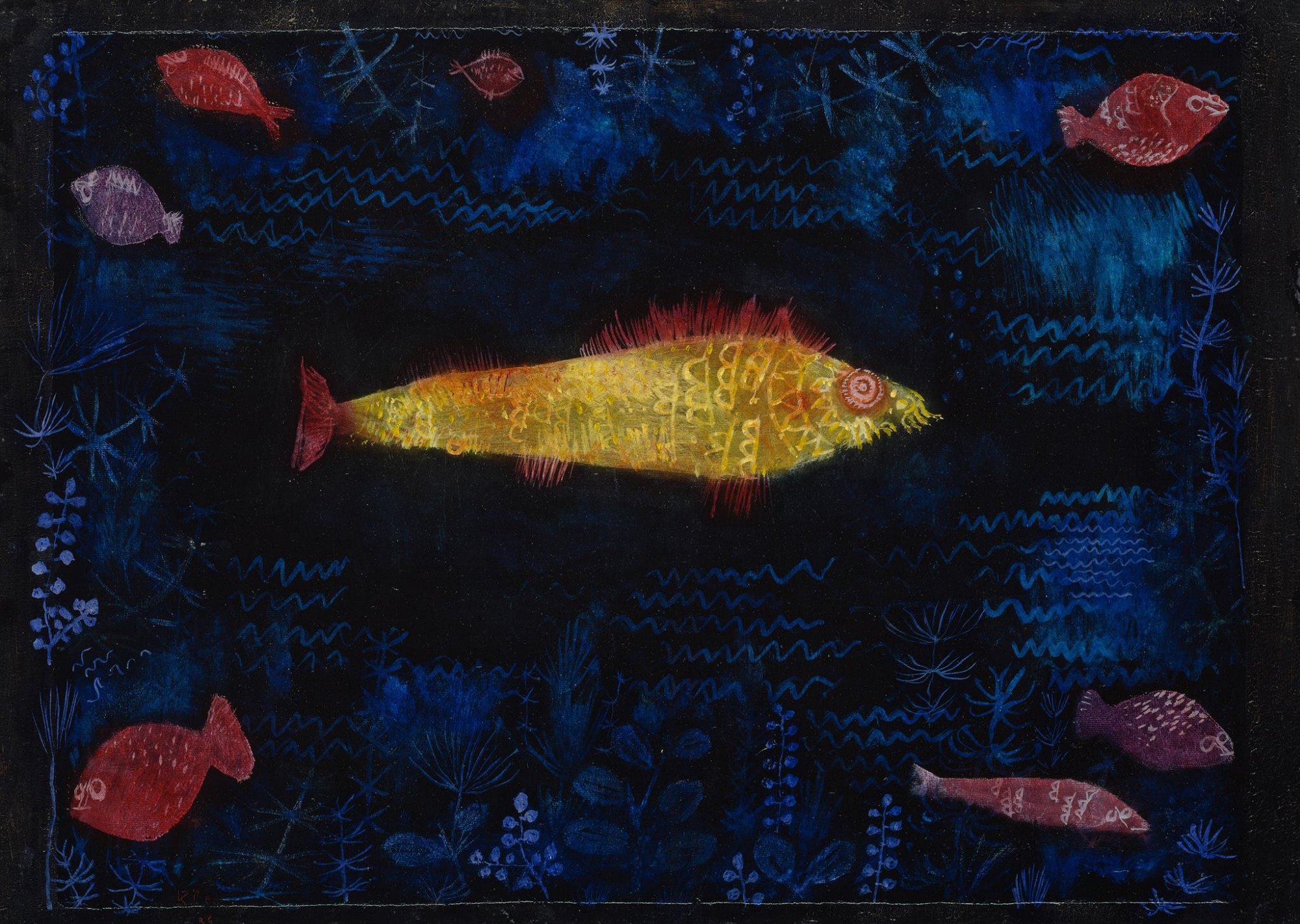 Paul Klee's The Goldfish, with a luminous central fish in blue-black water