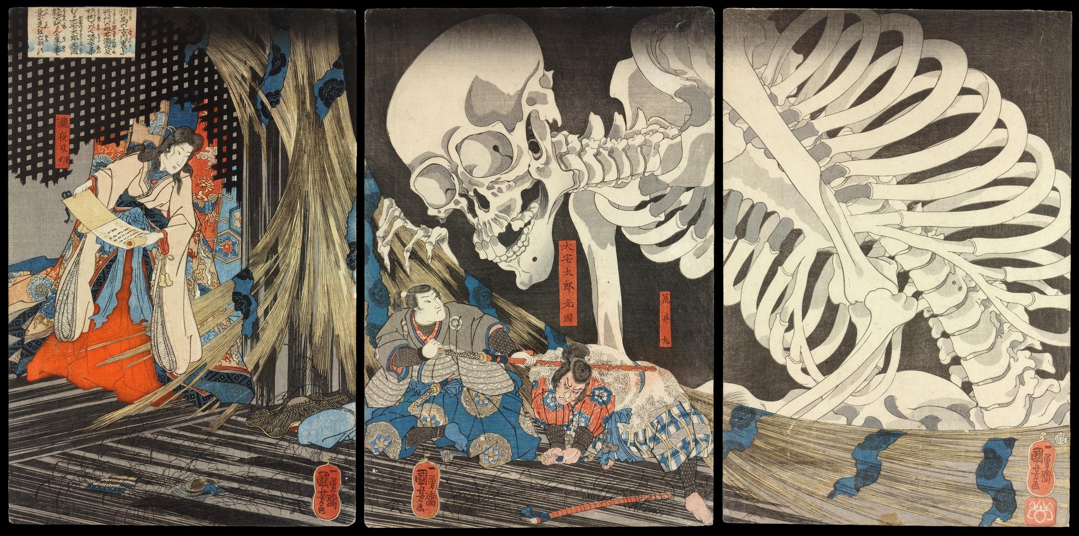 A giant skeleton tears through blinds above figures in the ruined palace at Soma