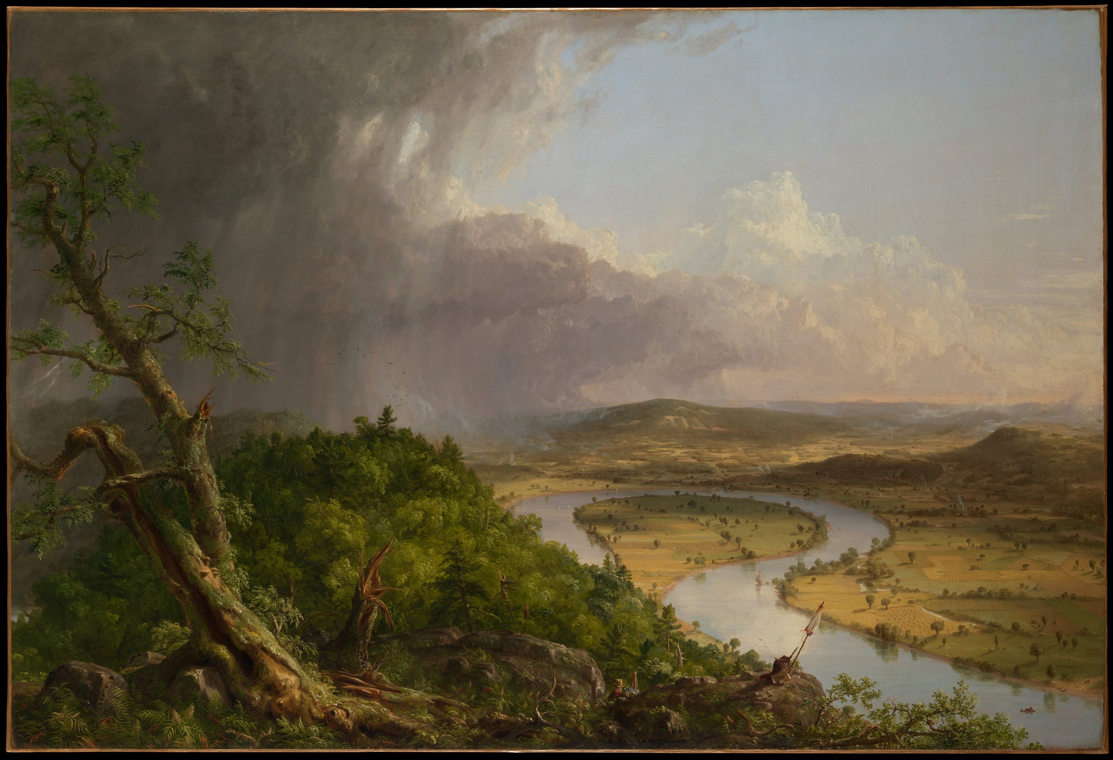 A storm-dark forest and a sunlit river valley divide the canvas