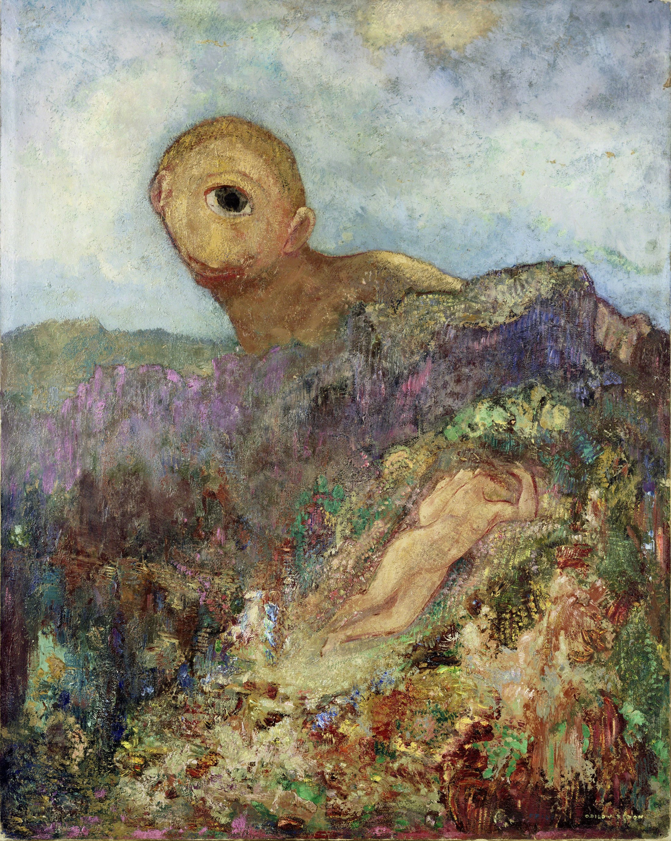A one-eyed giant watches Galatea sleeping among flowers beyond a ridge