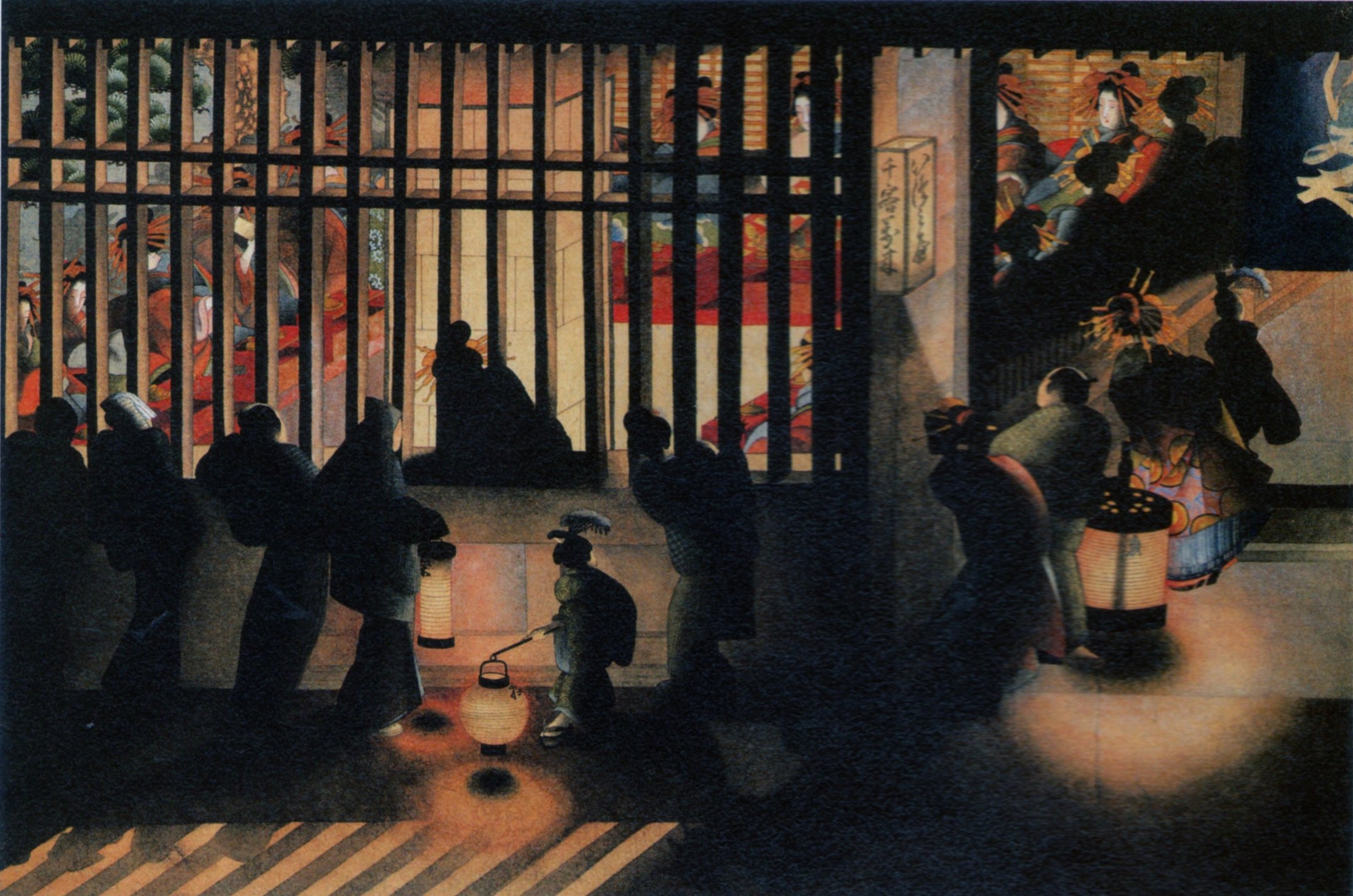 Night street scene with lantern-bearing figures outside a grille and people illuminated inside