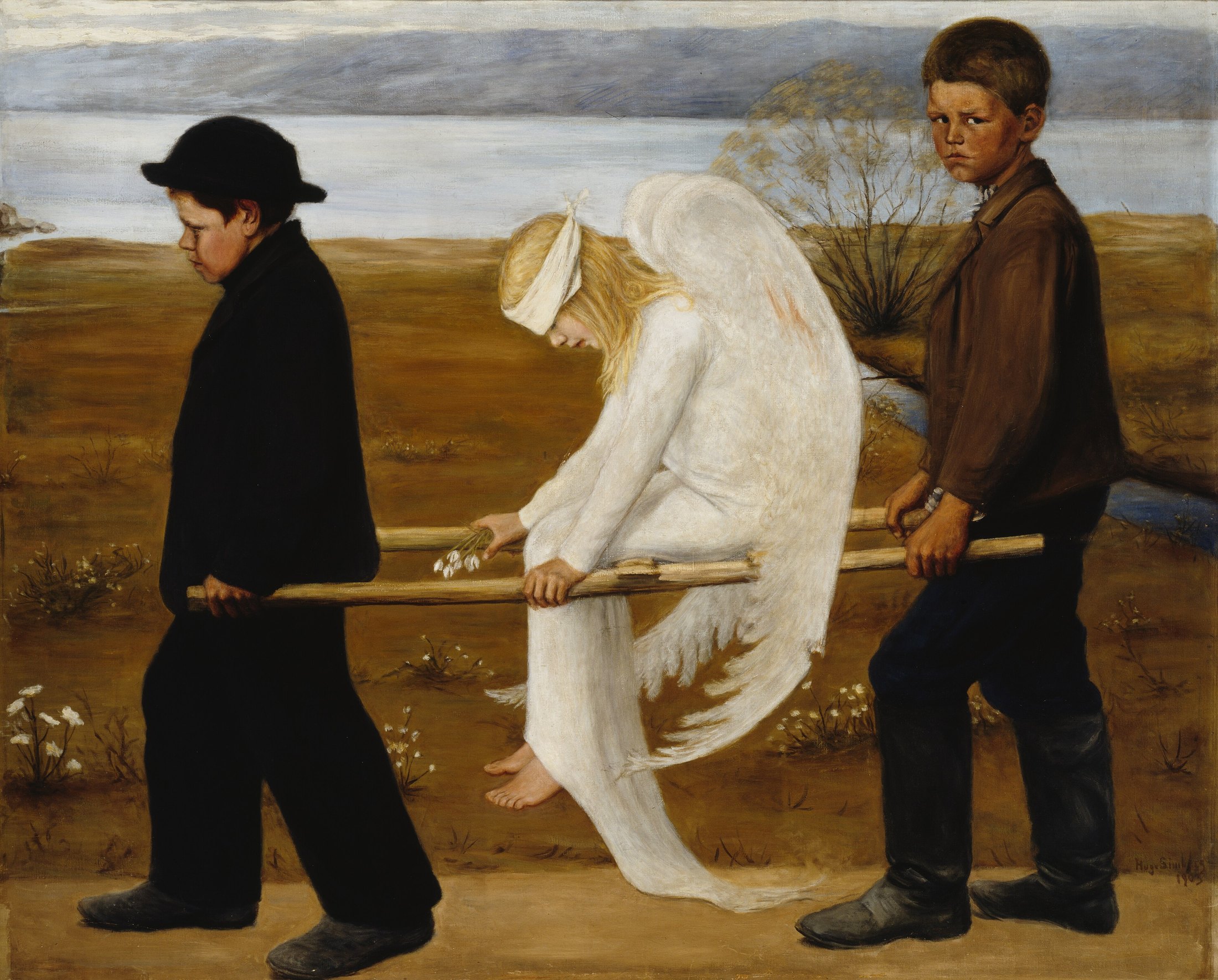 Hugo Simberg's The Wounded Angel, showing two boys carrying a blindfolded angel