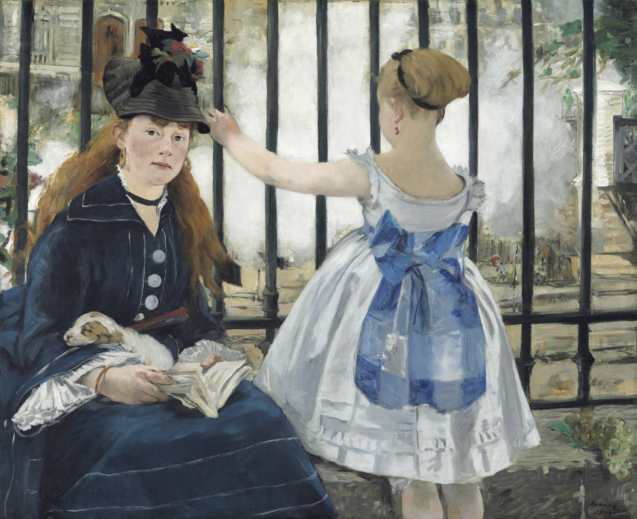 Manet's The Railway: a woman in navy faces the viewer while a girl in white looks through a fence into steam