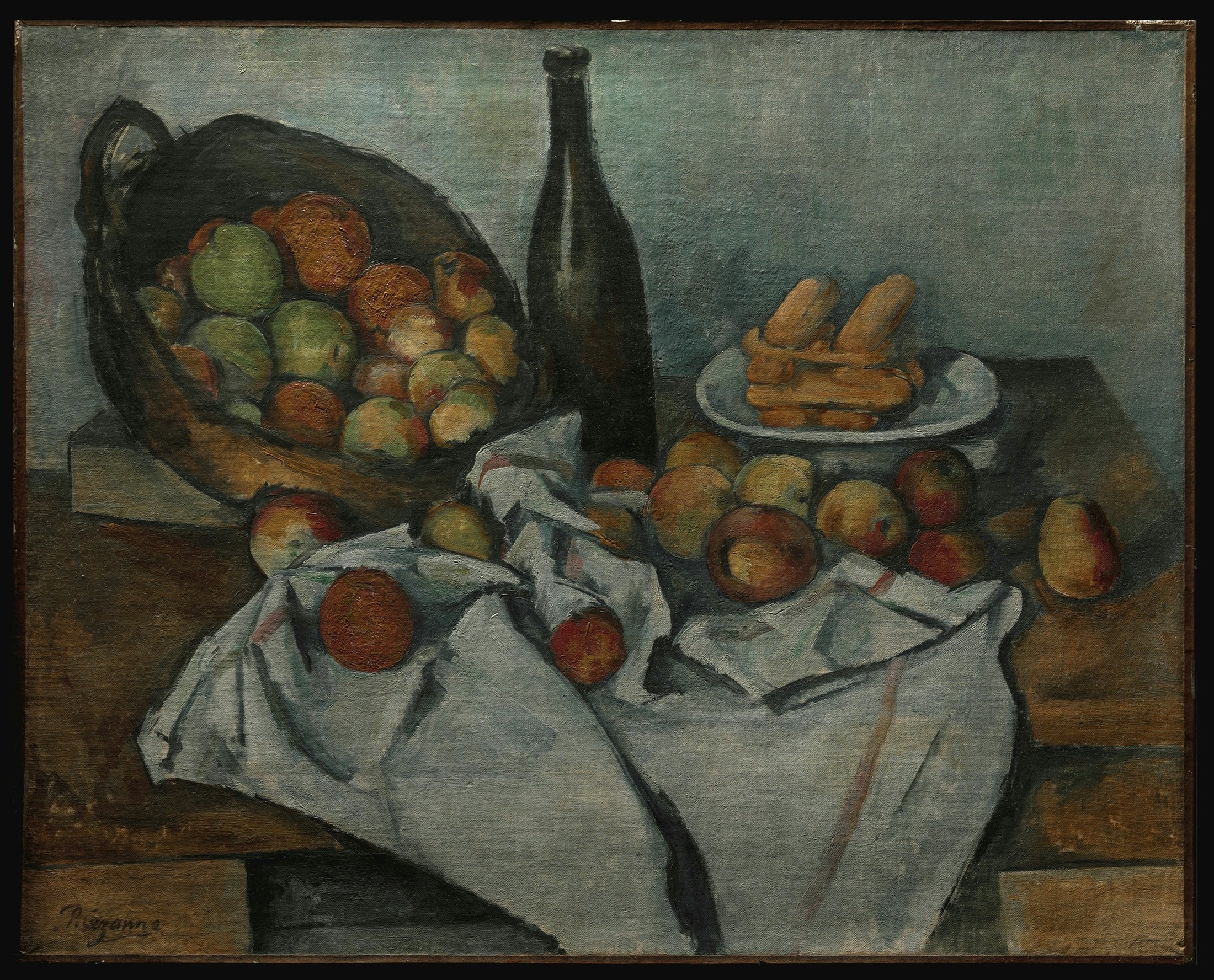 Paul Cezanne's The Basket of Apples: a tipped basket, dark bottle, biscuits, and apples on a white cloth
