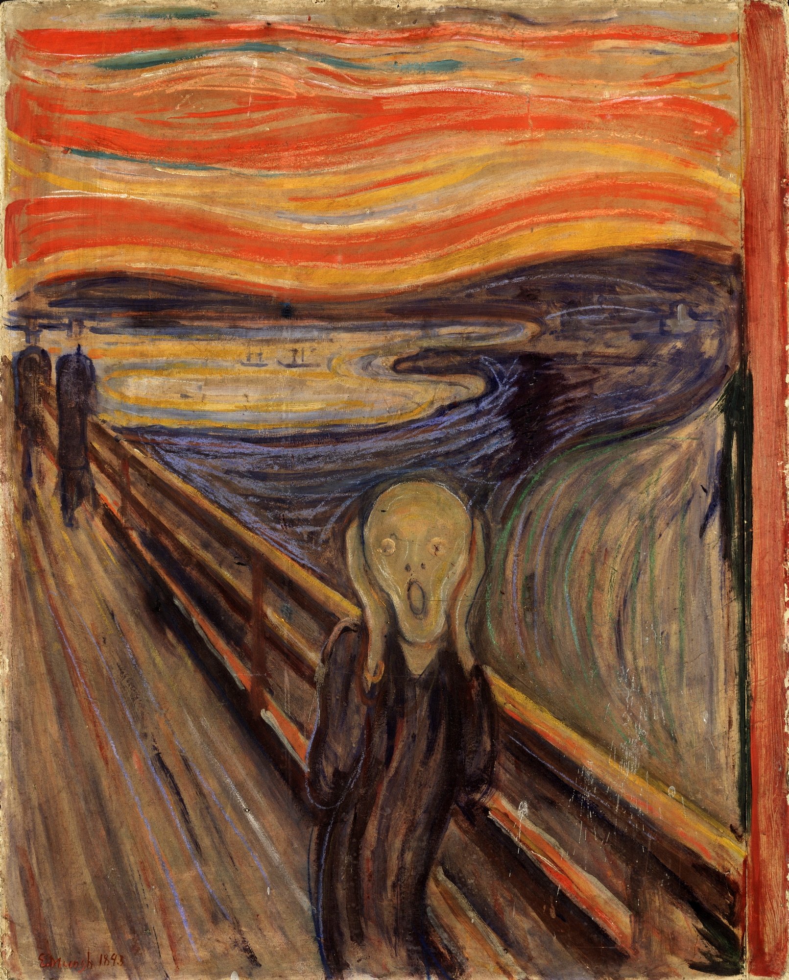 Edvard Munch's The Scream, with a figure on a bridge against an orange and blue-green landscape