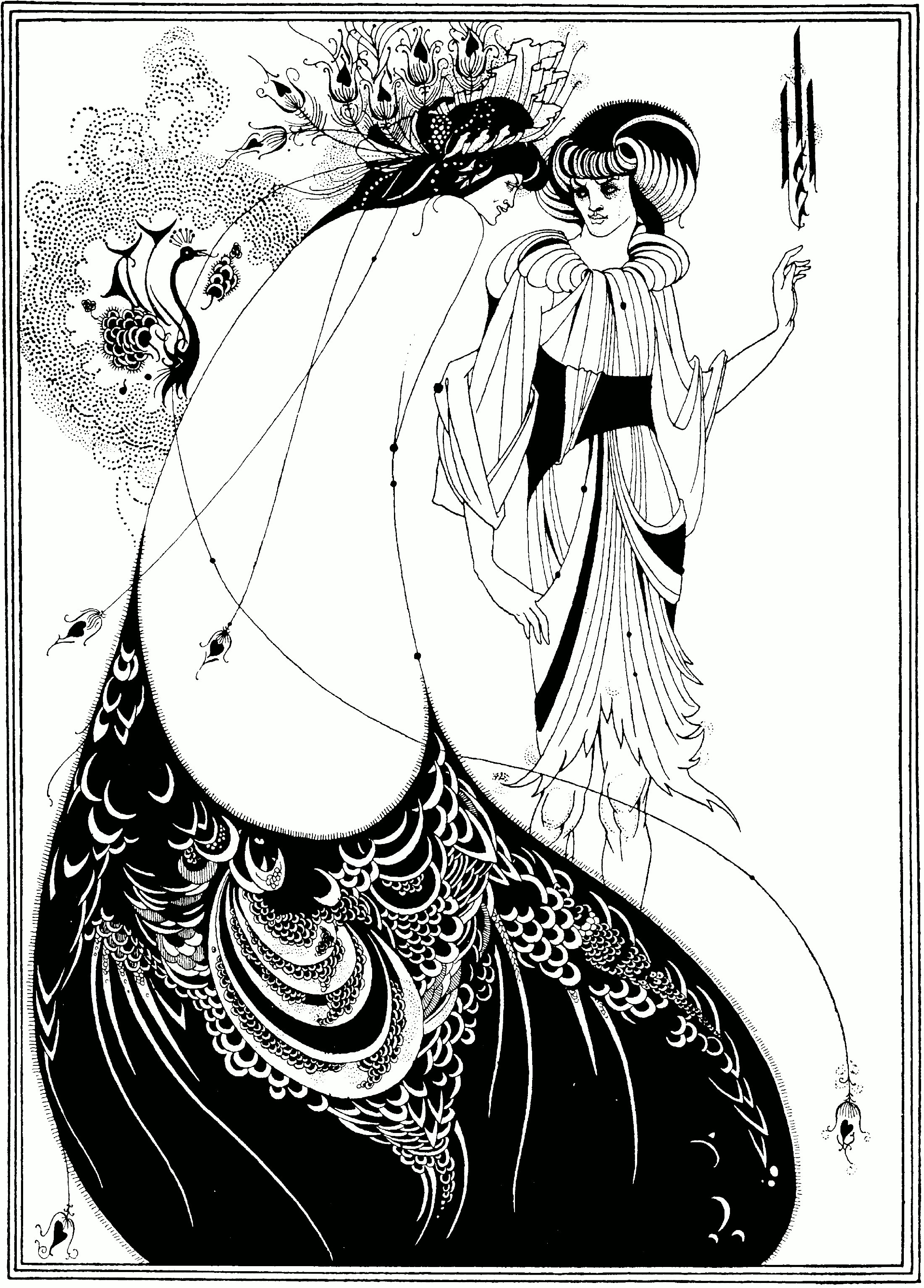 Black-and-white line drawing of Salome in an immense peacock-patterned robe leaning toward a young figure